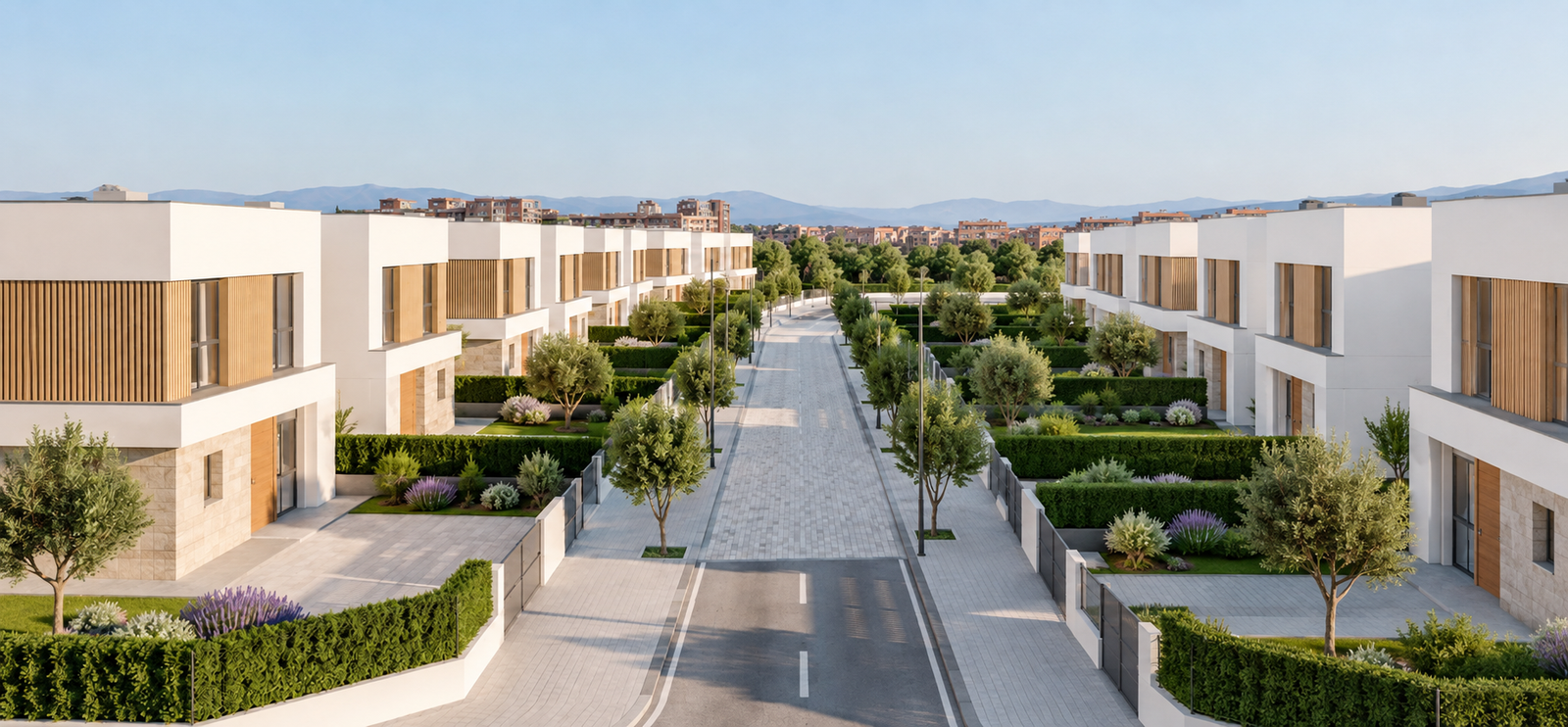 Calle residencial arbolada y viviendas contemporáneas de Retamar de la Huerta en Madrid